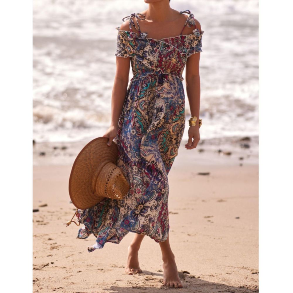 By Anthropologie Smocked Gauze Criss-Cross Dress Blue Motif Boho Medium